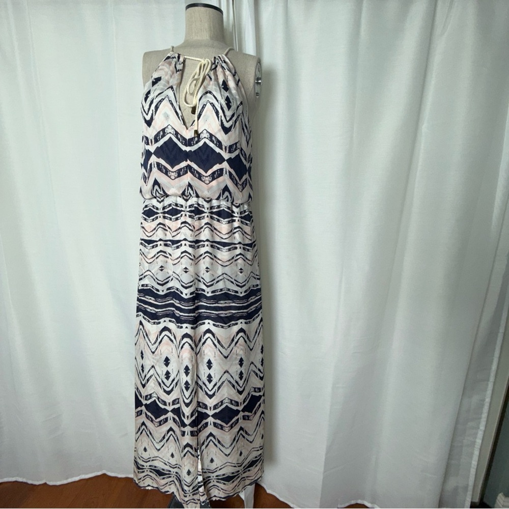 Parker Silk Navy and White Aztecs Halter Maxi Dress